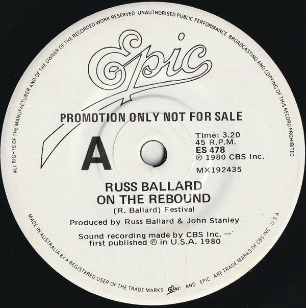 Russ Ballard : On The Rebound (7", Single, Promo)