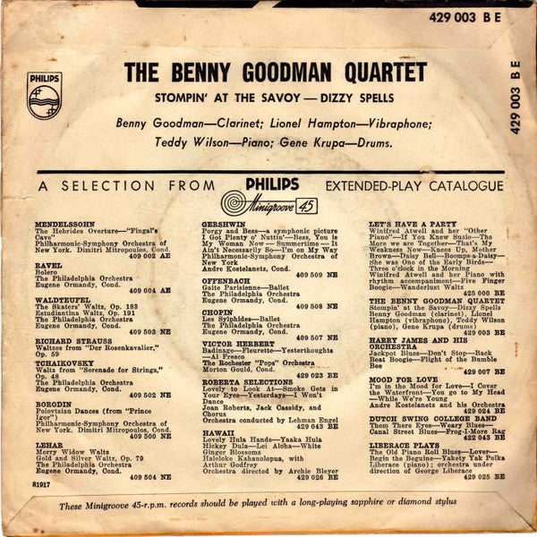 The Benny Goodman Quartet : Stompin' At The Savoy / Dizzy Spells (7", Single)