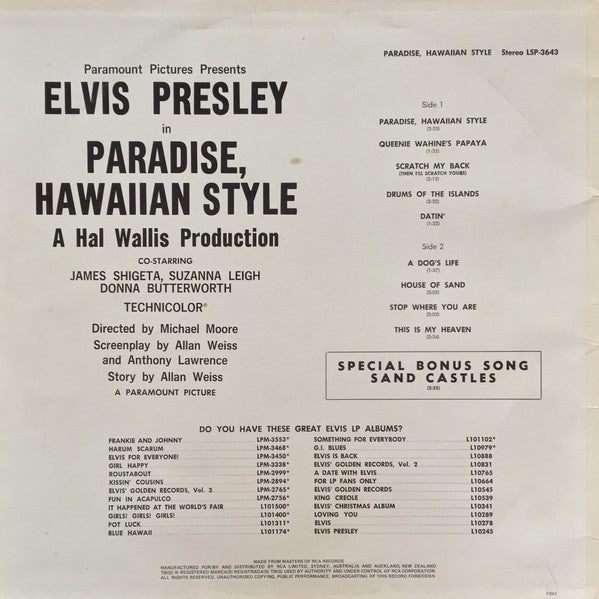 Elvis Presley : Paradise, Hawaiian Style (LP, Album, RE)