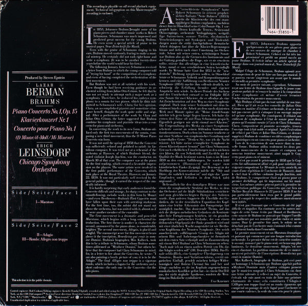 Johannes Brahms, Lazar Berman, Erich Leinsdorf, Chicago Symphony Orchestra : Piano Concerto No.1 (LP, Album)
