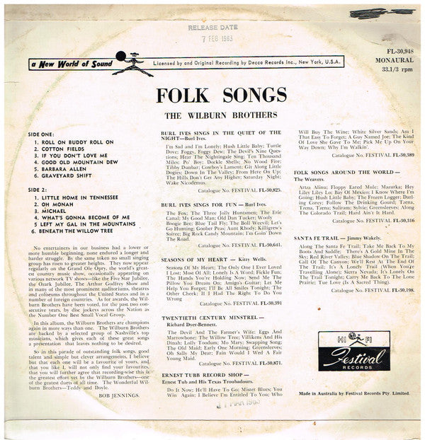 The Wilburn Brothers : Folk Songs (LP, Album, Mono)