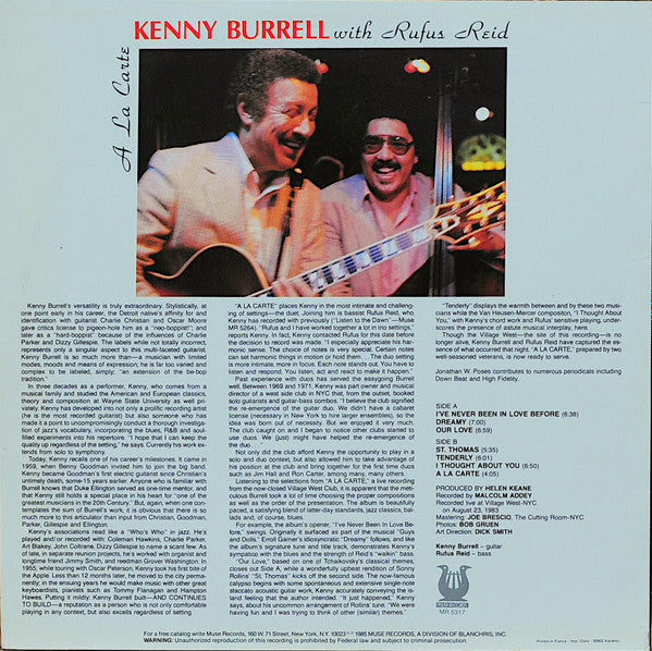 Kenny Burrell With Rufus Reid : A La Carte (LP, Album)