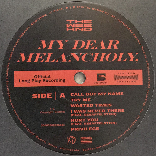 The Weeknd : My Dear Melancholy, (LP, S/Sided, EP, RSD, Etch, Ltd, RE, 180)