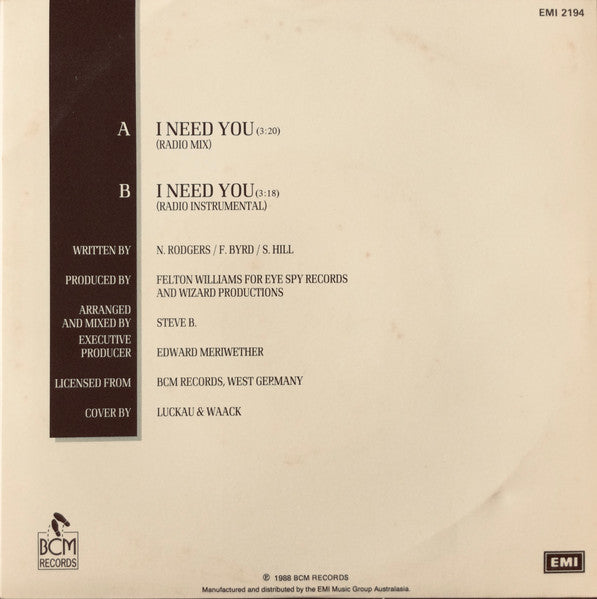B.V.S.M.P. : I Need You (7")