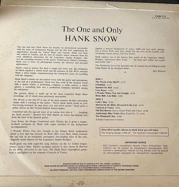 Hank Snow : The One And Only Hank Snow (LP, Album, Mono, Roc)