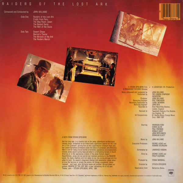 John Williams (4) : Raiders Of The Lost Ark (Original Motion Picture Soundtrack) (LP, Album, Pit)