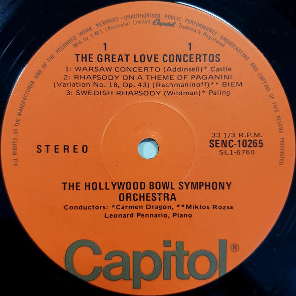 The Hollywood Bowl Symphony Orchestra, Carmen Dragon, Miklós Rózsa, Leonard Pennario : The Great Love Concertos (LP, Comp, RE)