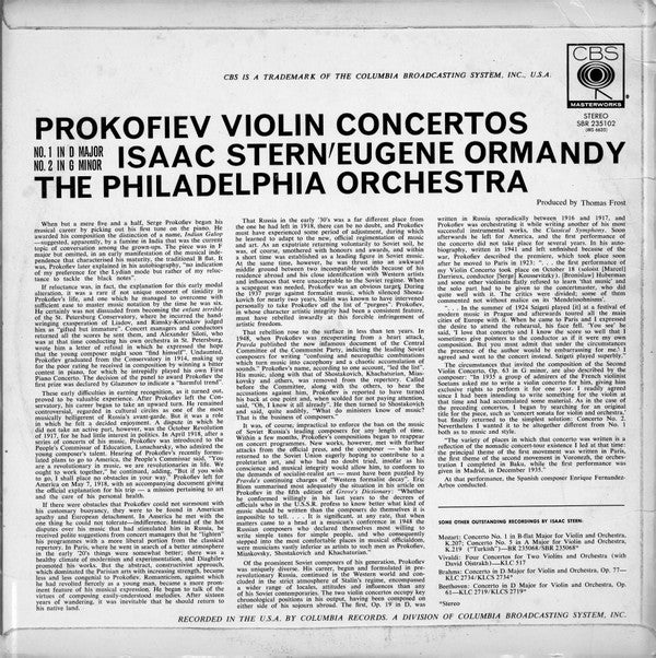 Isaac Stern, Eugene Ormandy, The Philadelphia Orchestra : Prokofiev Violin Concertos No. 1 In D Major & No. 2 In G Minor (LP)