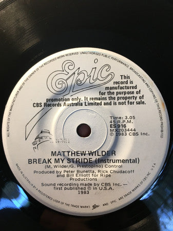 Matthew Wilder : Break My Stride (7", Single, Promo)
