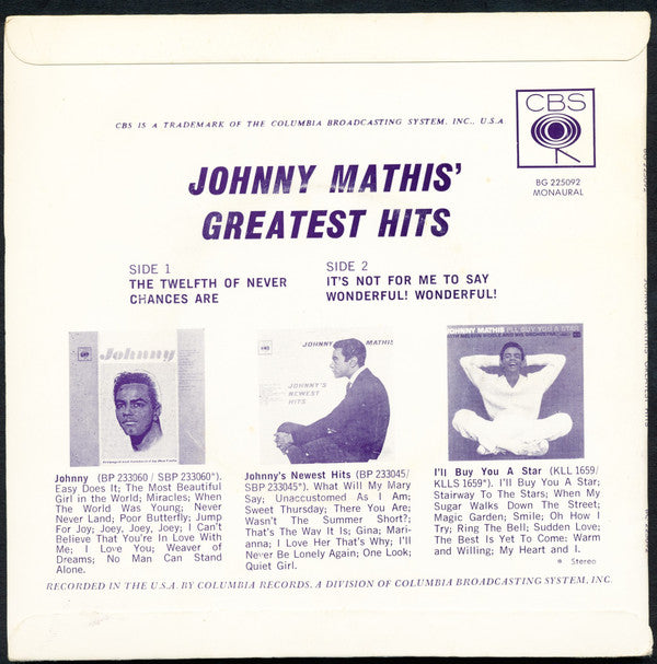 Johnny Mathis : Johnny Mathis' Greatest Hits (7", EP, Mono)