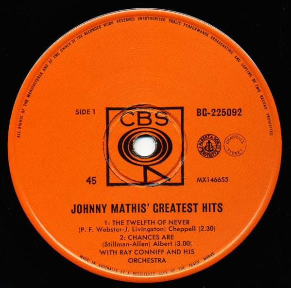 Johnny Mathis : Johnny Mathis' Greatest Hits (7", EP, Mono)