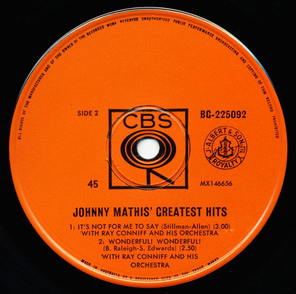 Johnny Mathis : Johnny Mathis' Greatest Hits (7", EP, Mono)