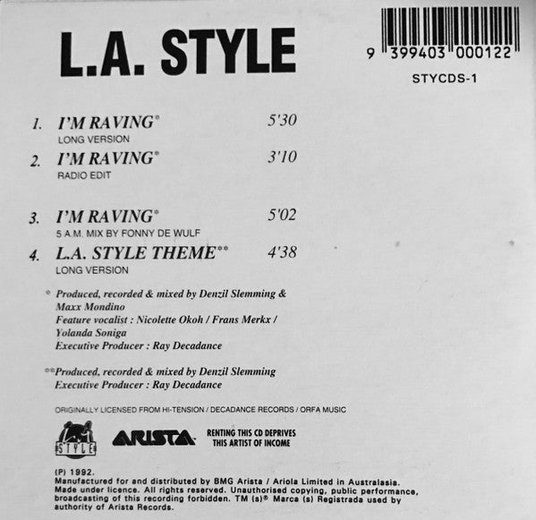 L.A. Style : I'm Raving (CD, Single, Car)