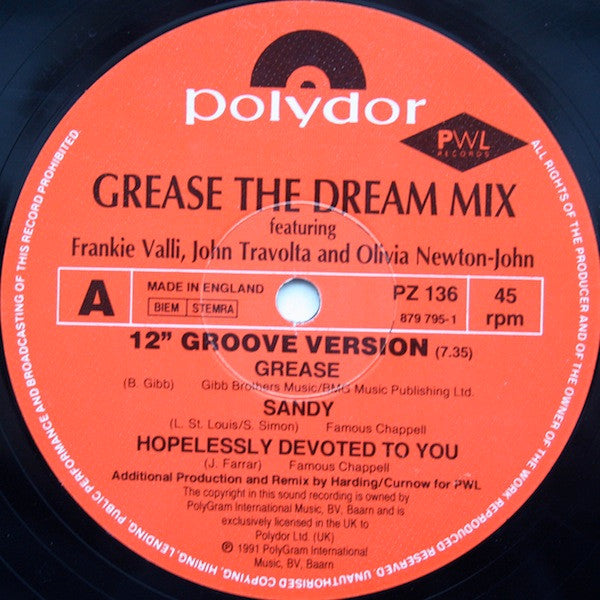 Frankie Valli, John Travolta And Olivia Newton-John : Grease The Dream Mix (12")