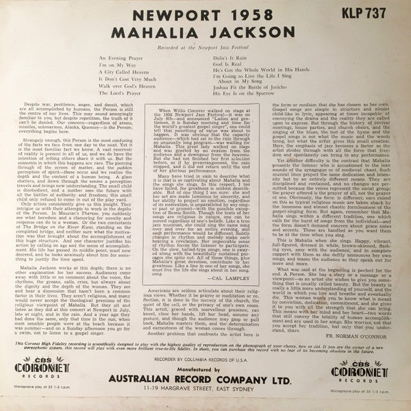 Mahalia Jackson : Newport 1958 (LP, Album, Mono)