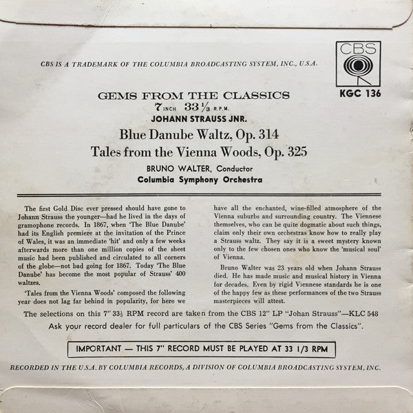 Columbia Symphony Orchestra, Bruno Walter : The Blue Danube And Tales From The Vienna Woods (7", RE)