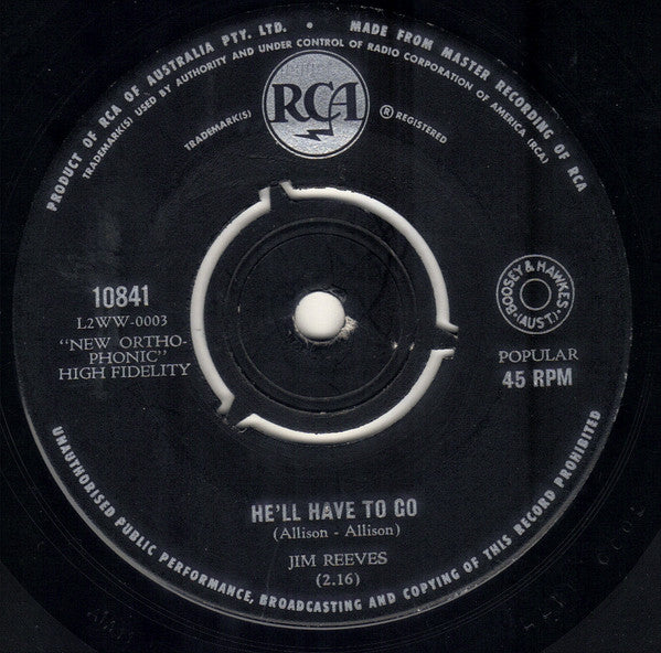 Jim Reeves : He&#39;ll Have To Go / In A Mansion Stands My Love  (7&quot;, Single)