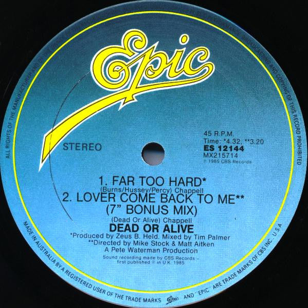 Dead Or Alive : Lover Come Back To Me (12", Single)