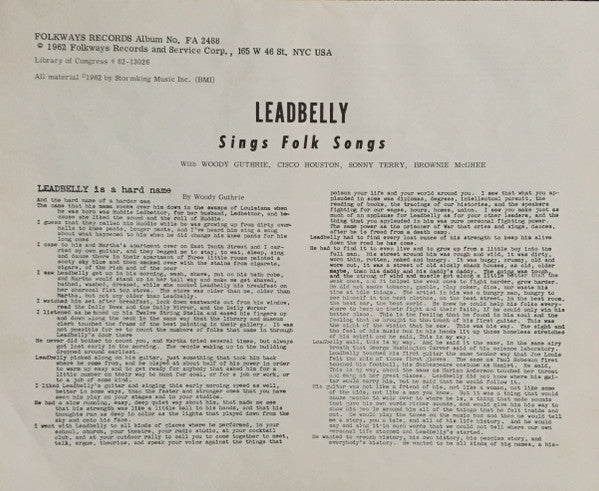 Leadbelly : Leadbelly Sings Folk Songs (LP, Album)