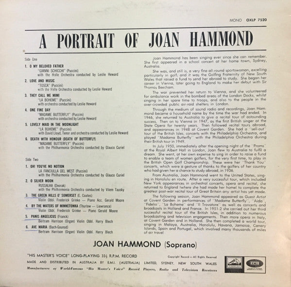 Joan Hammond : A Portrait Of Joan Hammond (LP, Comp, Mono)