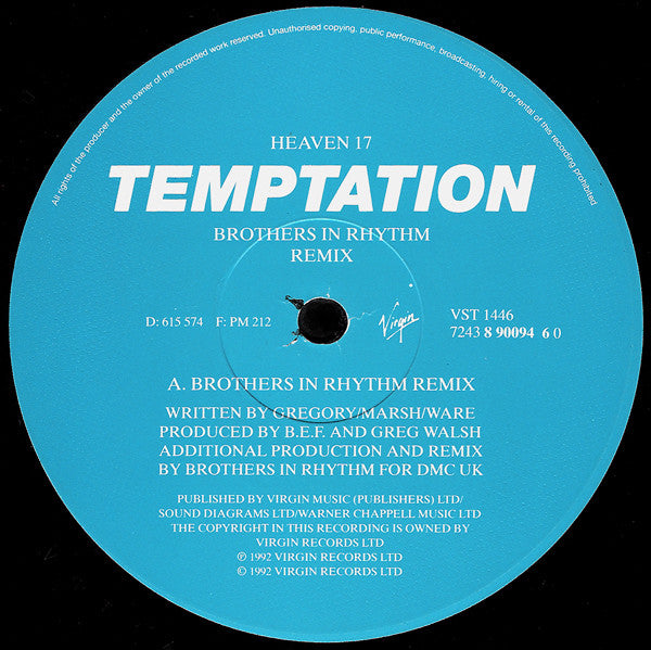 Heaven 17 : Temptation (Brothers In Rhythm Remix) (12", Single)