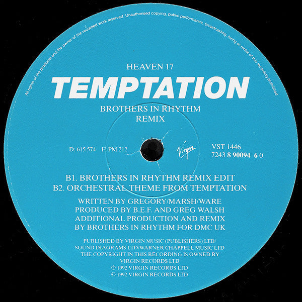 Heaven 17 : Temptation (Brothers In Rhythm Remix) (12", Single)