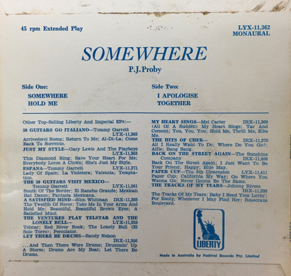 P.J. Proby : Somewhere (7", EP, Mono, RE)