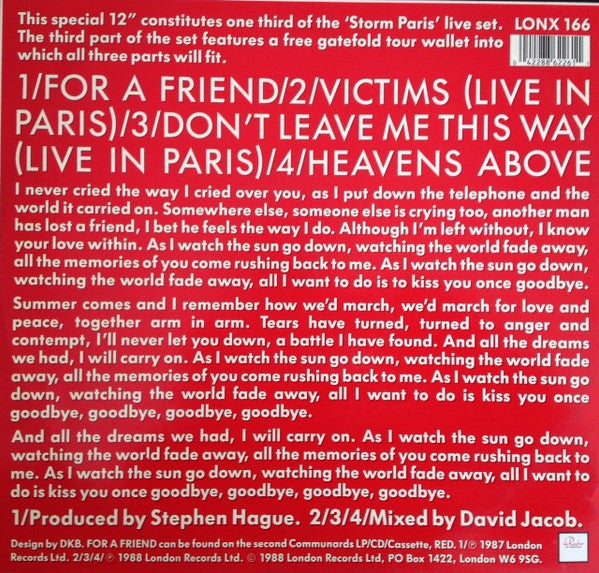 The Communards : For A Friend (12", Single)