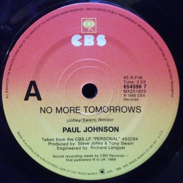 Paul Johnson (2) : No More Tomorrows (7", Single)