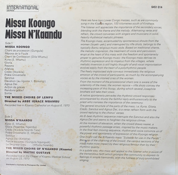 The Mixed Choirs Of Lemfu, The Mixed Choirs Of N'Kaandu : Missa Koongo / Missa N'Kaandu (LP)