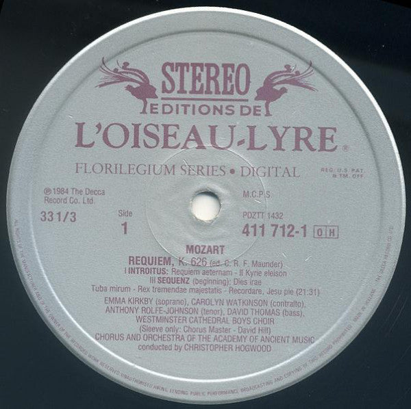 Wolfgang Amadeus Mozart - Kirkby* • Watkinson* • Rolfe-Johnson* • Thomas* / Westminster Cathedral Boys Choir* • Chorus* & Orchestra Of The Academy Of Ancient Music* / Christopher Hogwood : Requiem (LP, RP)
