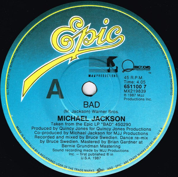 Michael Jackson : Bad (7", Single)