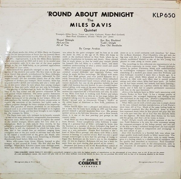 Miles Davis : 'Round About Midnight (LP, Album, Mono)