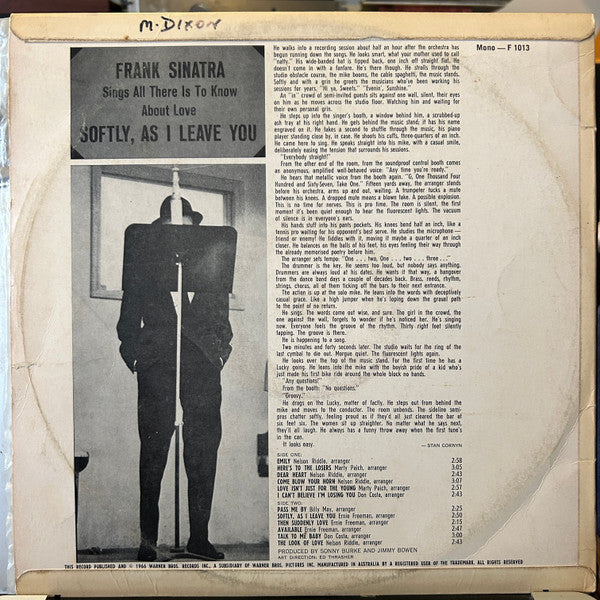Frank Sinatra : Softly, As I Leave You (LP, Album, Mono, Sem)