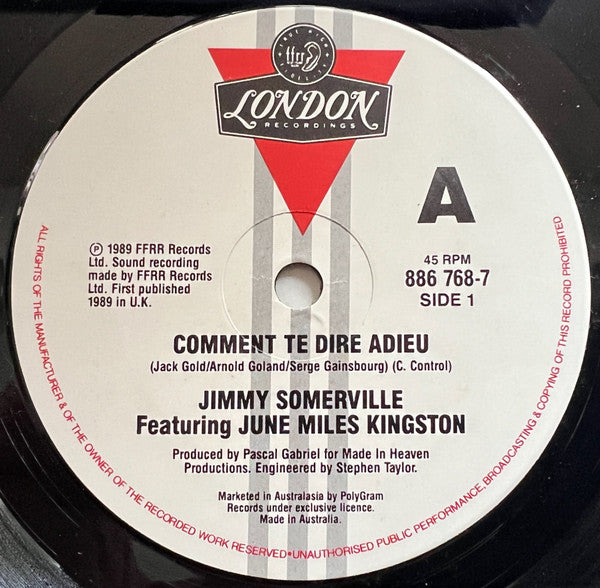 Jimmy Somerville Featuring June Miles-Kingston : Comment Te Dire Adieu (7", Single)