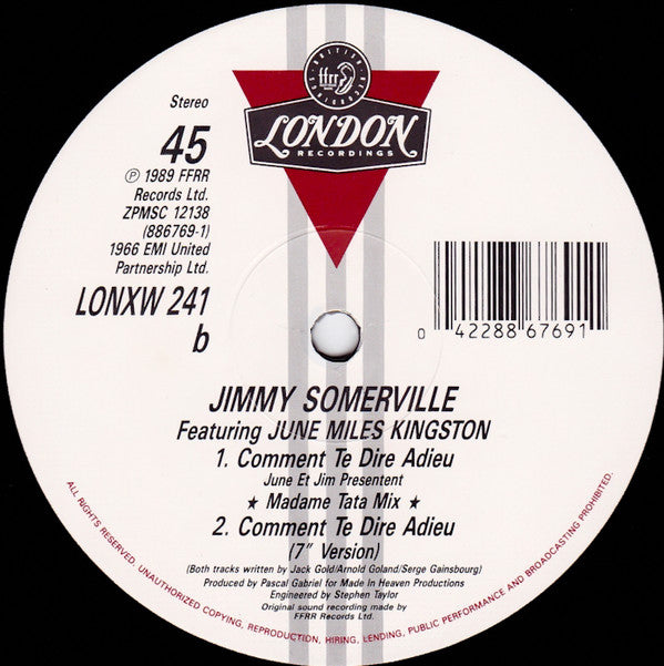 Jimmy Somerville Featuring June Miles-Kingston : Comment Te Dire Adieu (12", Dou)