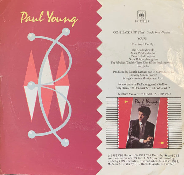 Paul Young : Come Back And Stay (Single Remix Version) (7", Single, Pic)