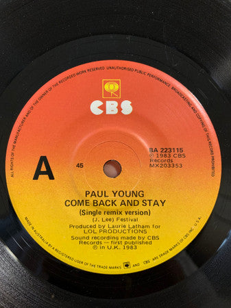 Paul Young : Come Back And Stay (Single Remix Version) (7", Single, Pic)