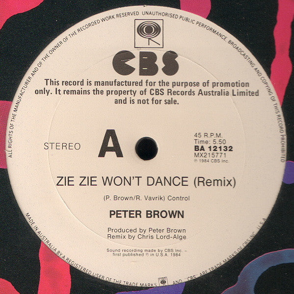 Peter Brown (2) : Zie Zie Won&#39;t Dance (12&quot;, Single, Promo)