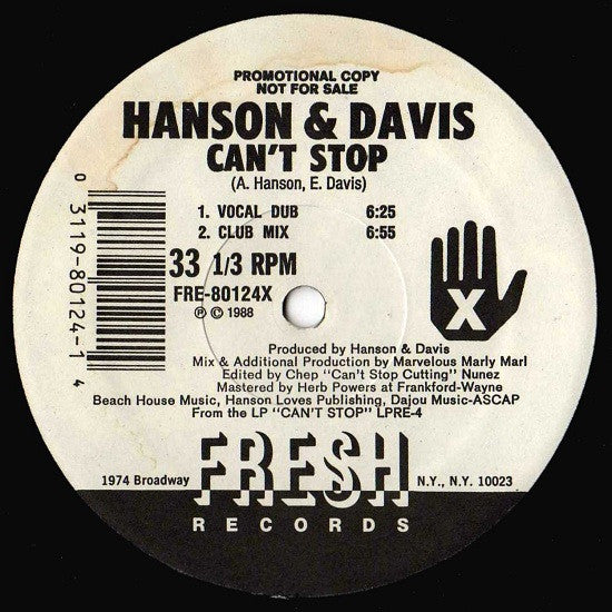 Hanson &amp; Davis : Can't Stop (12", Promo)