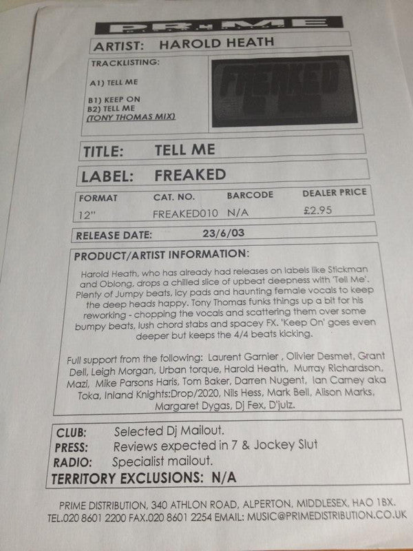 Harold Heath : Tell Me (12", W/Lbl)