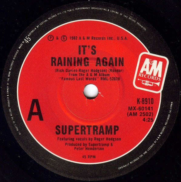 Supertramp : It's Raining Again (7", Single, Ltd)