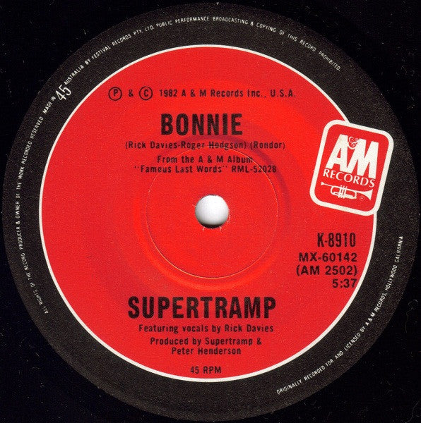 Supertramp : It's Raining Again (7", Single, Ltd)