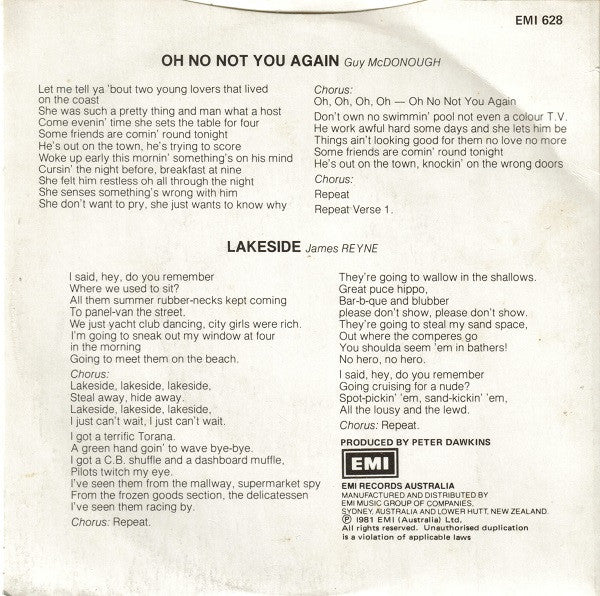 Australian Crawl : Oh No Not You Again / Lakeside (7", Single)