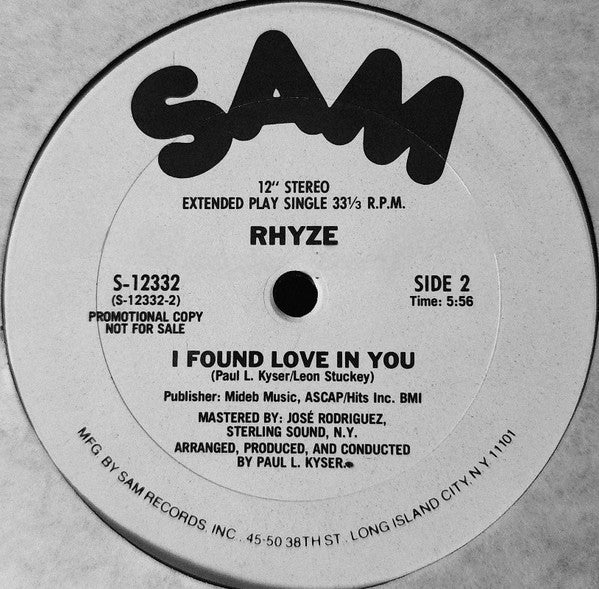 Rhyze : Just How Sweet Is Your Love / I Found Love In You (12", Promo)