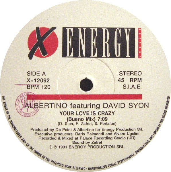 Albertino Featuring David Sion : Your Love Is Crazy (12")