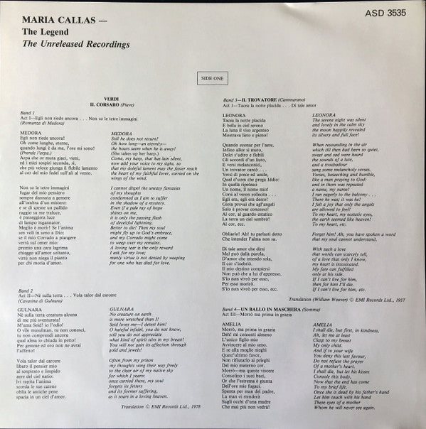 Maria Callas : The Legend: The Unreleased Recordings... Arias From La Sonnambula (1955) Un Ballo In Maschera & Il Trovatore (1964) And Il Corsaro (1969) (LP, Comp)