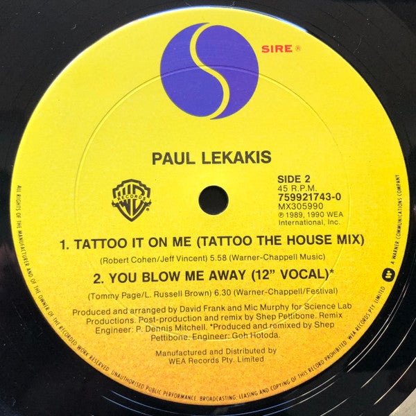 Paul Lekakis : Tattoo It On Me (12", Single)