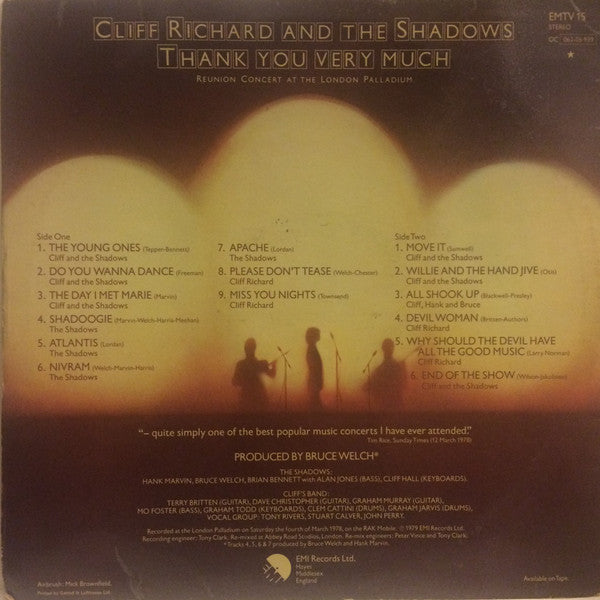 Cliff Richard & The Shadows : Thank You Very Much (Reunion Concert At The London Palladium) (LP, Album)