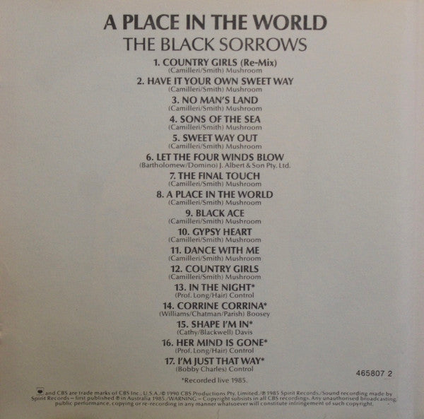 The Black Sorrows : A Place In The World (CD, Album, RE)